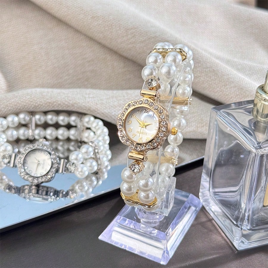 Women's Double Strand Pearl Bracelet Watch – Crystal-Embellished Dial, Elegant Elastic Fit