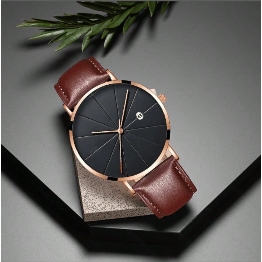 Men's Minimalist Waterproof Quartz Watch – Brown Leather Strap, Date Display, Modern Dial Design