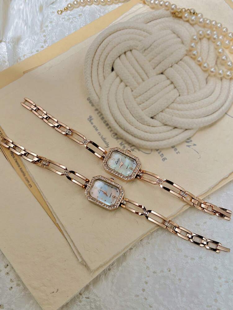 1pc Luxury Women Watch, Gold Tone, French Fashion Design Elegant, Petite, Rhinestone Embellished, Pearl Dial