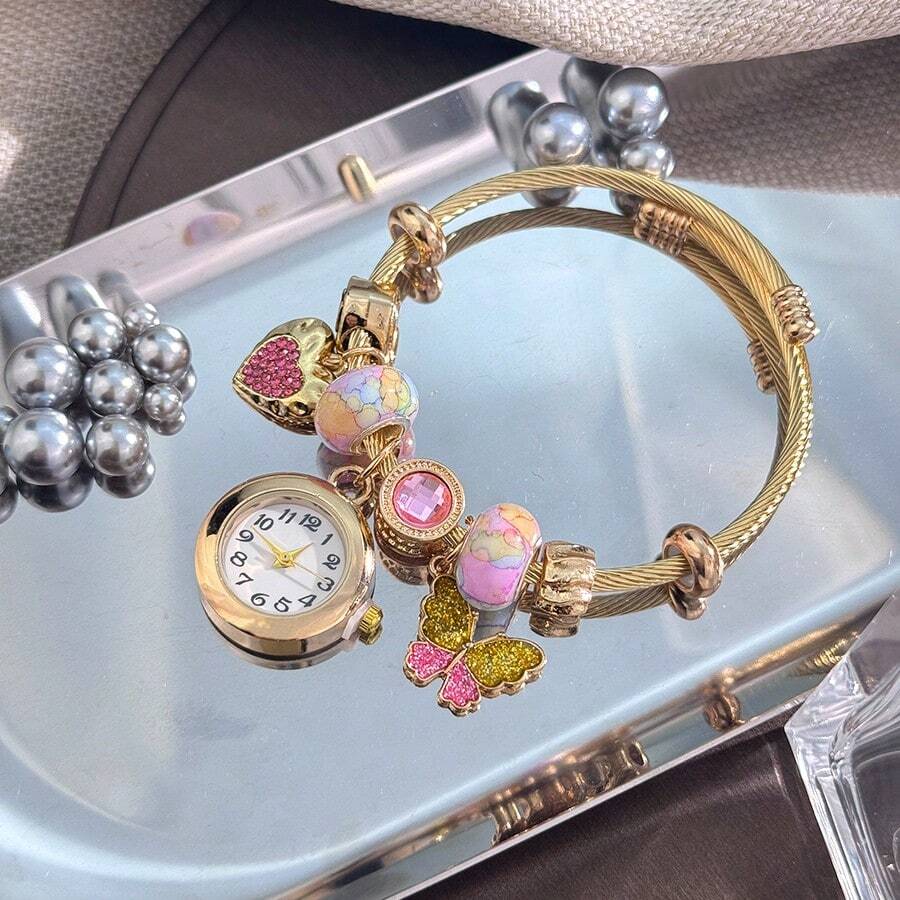Women's Fashionable Stretch Bracelet Watch with Pink Heart, Floral, Rhinestone & Colorful Beads