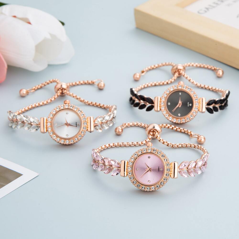 Women's Elegant Crystal Bracelet Watch – Round Dial, Leaf & Bead Strap Design