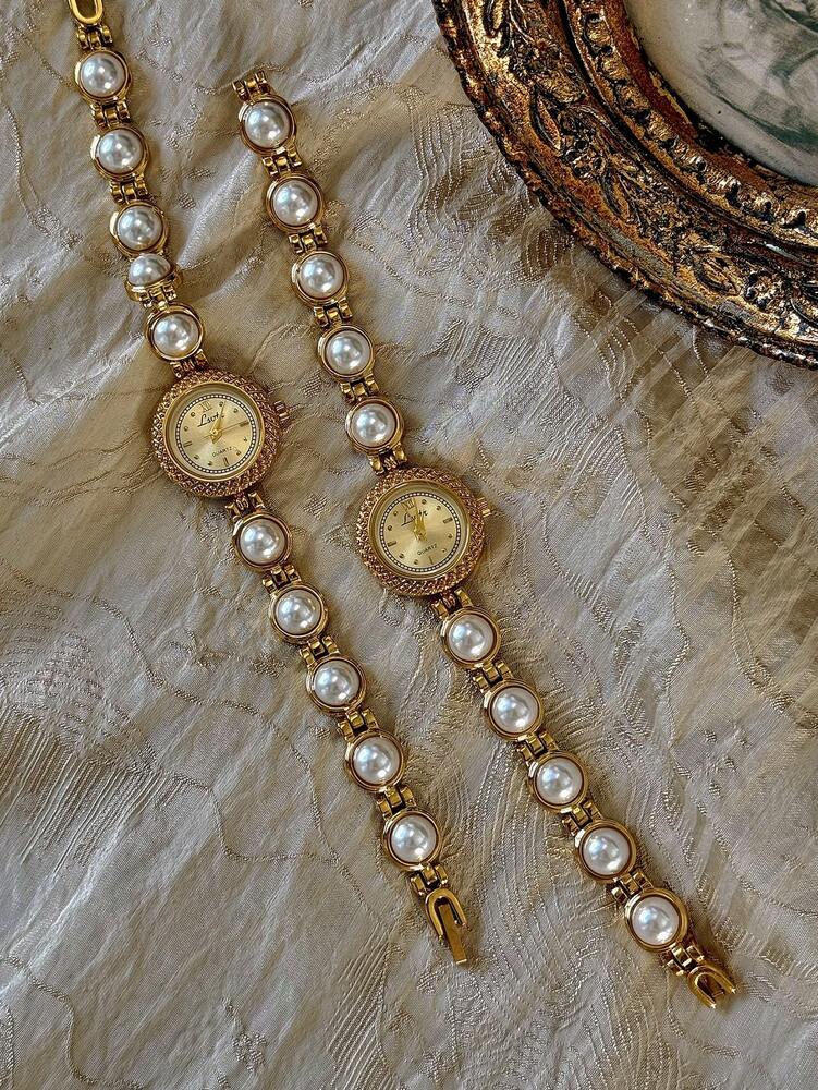 1pc Gold French Fashion Elegant Women Water-Resistant 30m Quartz Watch, With Pearl Strap, Bohemian Vintage Court Style Circular Quartz Wristwatch