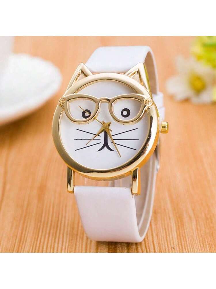 Cat Dial Gift Fashion With Glasses Strap Quartz Men's And Women's Watches (Large Dial)
