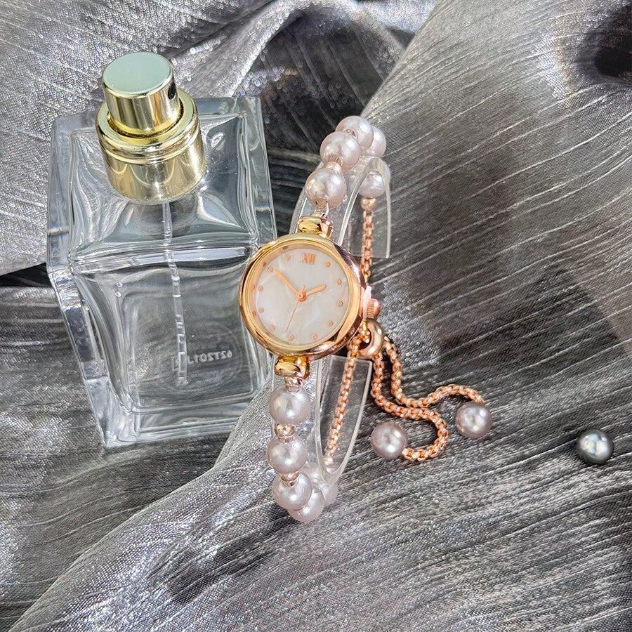 1pc Women Pearl Pull-Out Watch Chain, Exquisite Round Case, Fashion Metal Bracelet Watch, Suitable for Students
