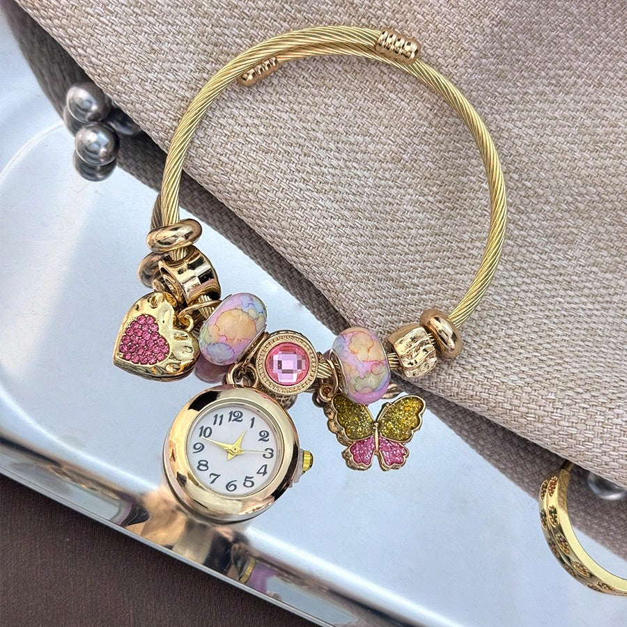 Women's Fashionable Stretch Bracelet Watch with Pink Heart, Floral, Rhinestone & Colorful Beads