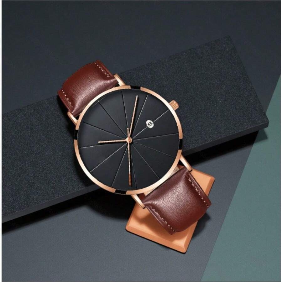 Men's Minimalist Waterproof Quartz Watch – Brown Leather Strap, Date Display, Modern Dial Design