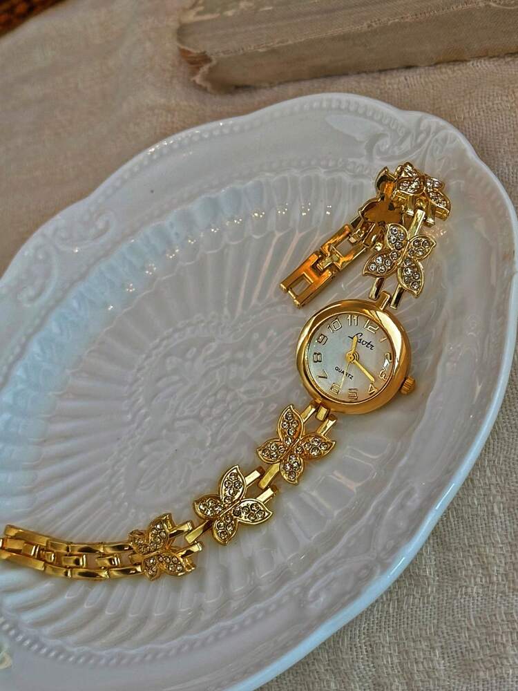 1 Piece French Gold Inlaid Dazzling Rhinestone Butterfly Shape Women's Watch