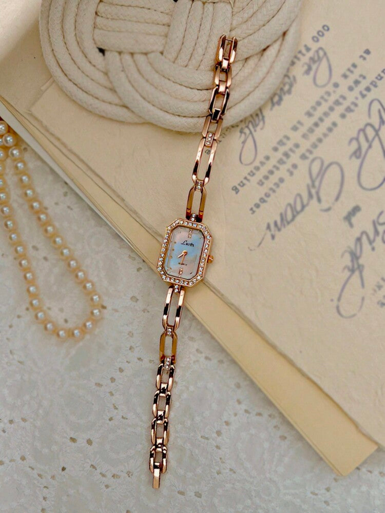 1pc Luxury Women Watch, Gold Tone, French Fashion Design Elegant, Petite, Rhinestone Embellished, Pearl Dial