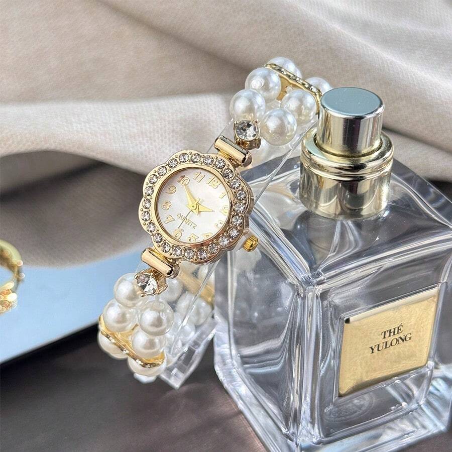 Women's Double Strand Pearl Bracelet Watch – Crystal-Embellished Dial, Elegant Elastic Fit