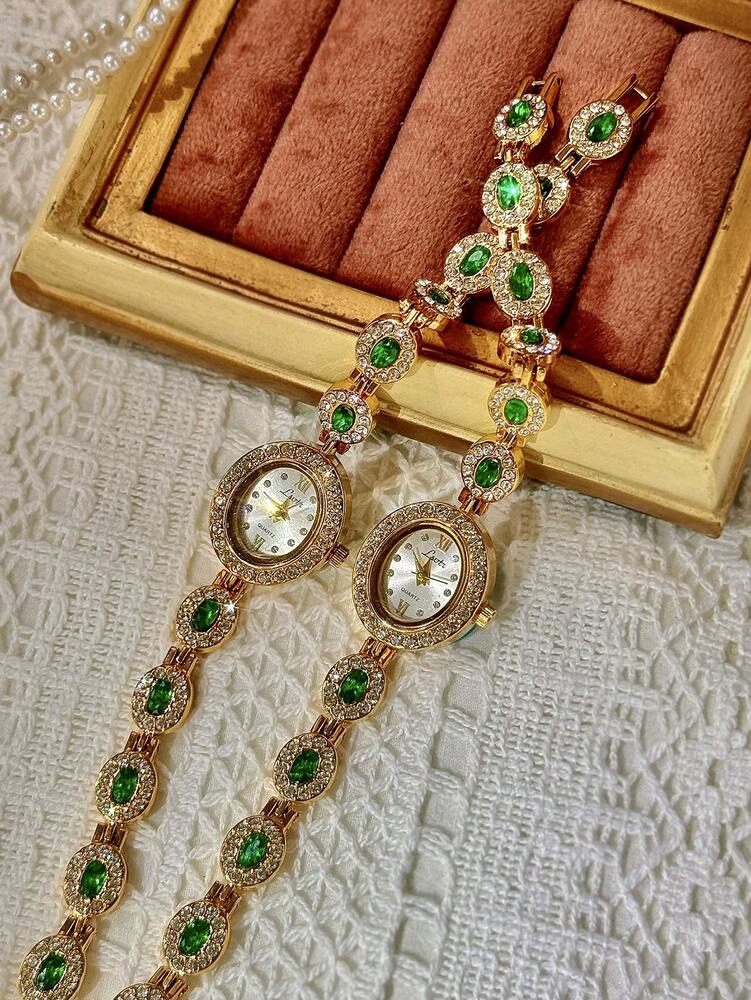1pc New High-End Colorful Aquamarine Gemstone & Cubic Zirconia Inlaid Luxury Vintage Elegant Women’s Watch