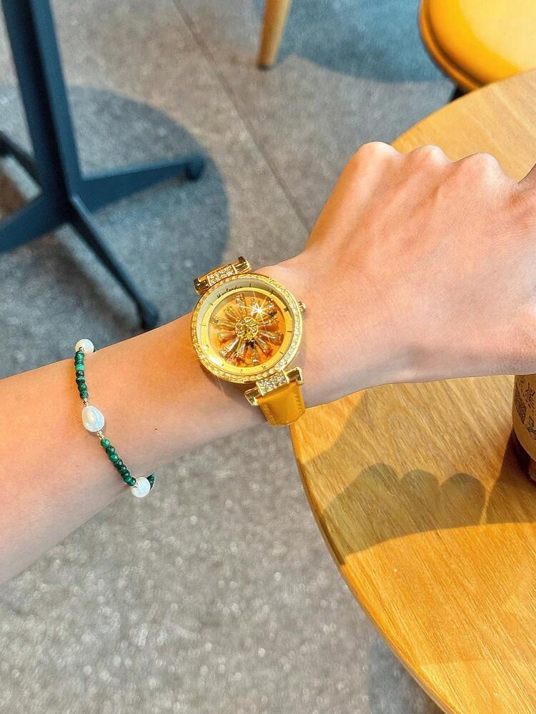 1pc Fashionable Women's Watch With Transparent Back, Rhinestone Inlaid, Rotating Galaxy Dial, Sunflower Design