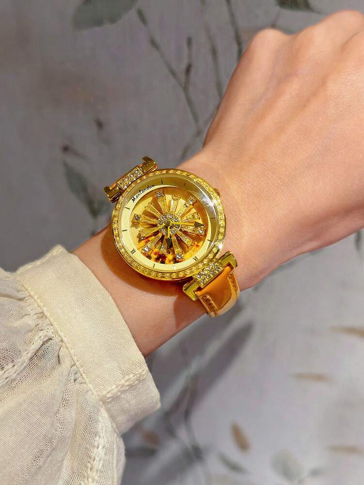 1pc Fashionable Women's Watch With Transparent Back, Rhinestone Inlaid, Rotating Galaxy Dial, Sunflower Design
