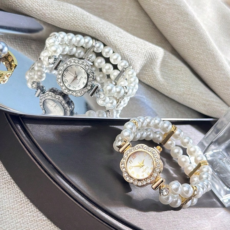 Women's Double Strand Pearl Bracelet Watch – Crystal-Embellished Dial, Elegant Elastic Fit