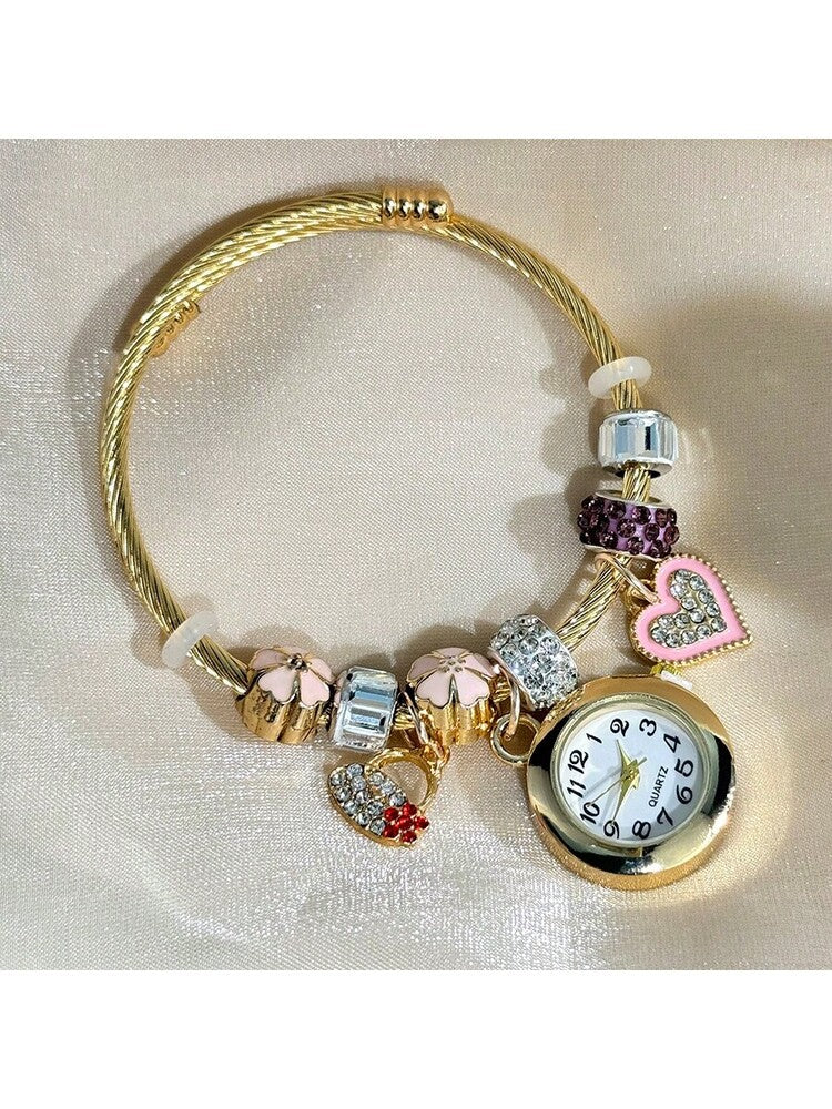 Women's Fashionable Stretch Bracelet Watch with Pink Heart, Floral, Rhinestone & Colorful Beads