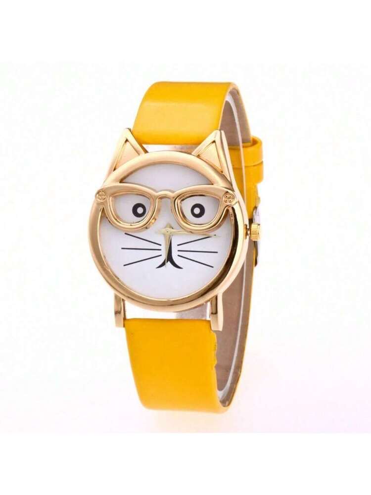 Cat Dial Gift Fashion With Glasses Strap Quartz Men's And Women's Watches (Large Dial)