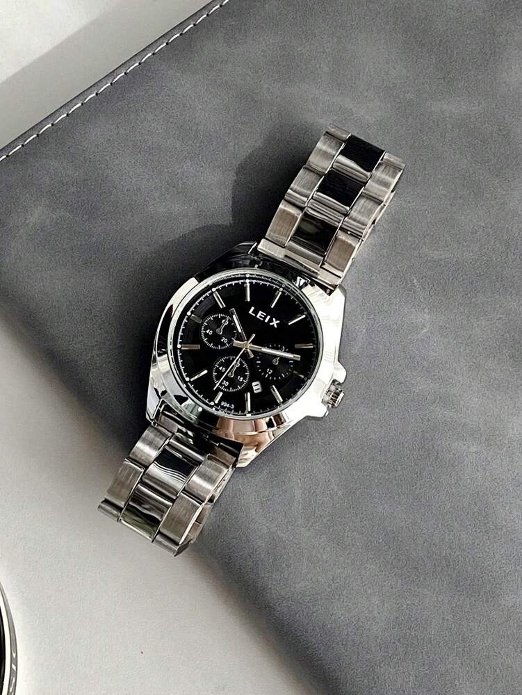 LEIX Men's Business Casual Quartz Watch – Stainless Steel Strap, Black Dial, Calendar Display
