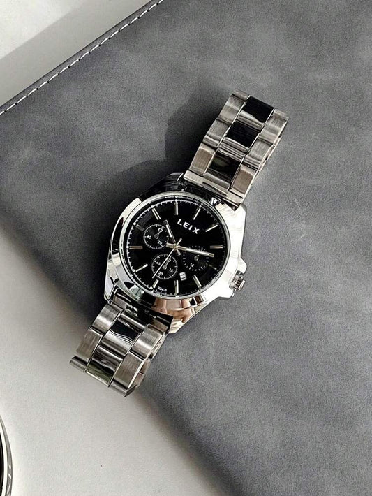 LEIX Men's Business Casual Quartz Watch – Stainless Steel Strap, Black Dial, Calendar Display