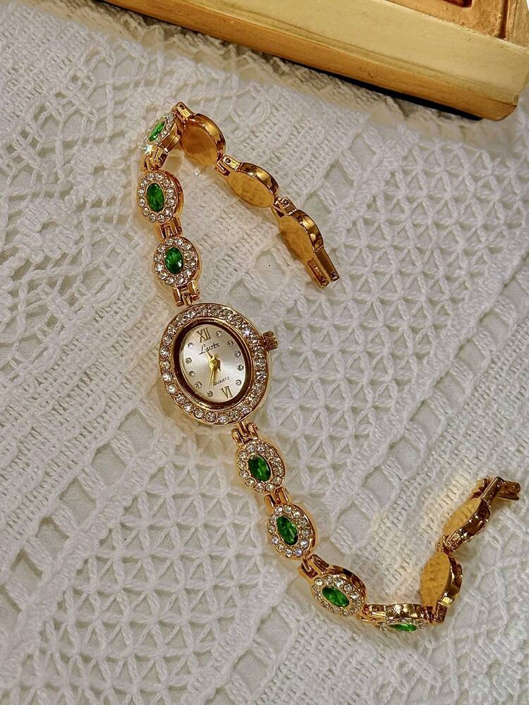 1pc New High-End Colorful Aquamarine Gemstone & Cubic Zirconia Inlaid Luxury Vintage Elegant Women’s Watch