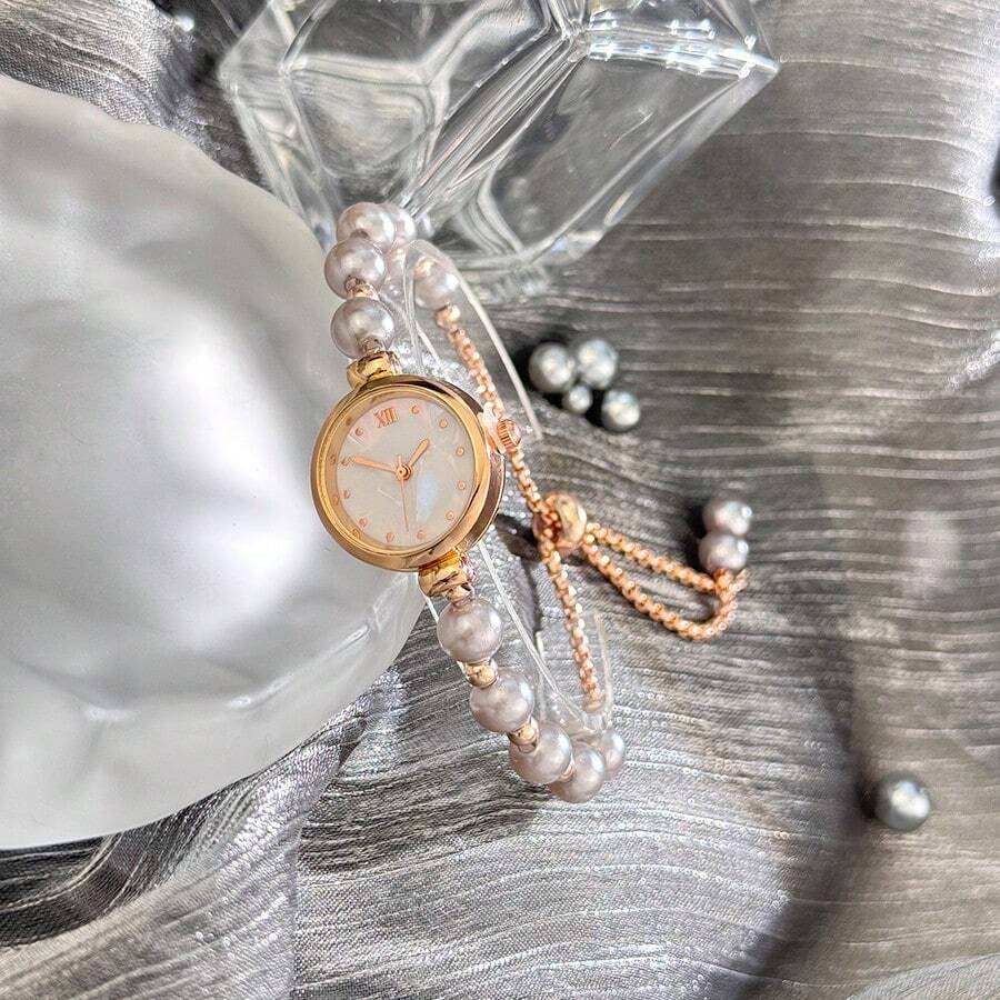 1pc Women Pearl Pull-Out Watch Chain, Exquisite Round Case, Fashion Metal Bracelet Watch, Suitable for Students
