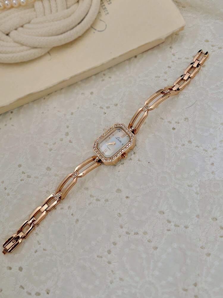 1pc Luxury Women Watch, Gold Tone, French Fashion Design Elegant, Petite, Rhinestone Embellished, Pearl Dial