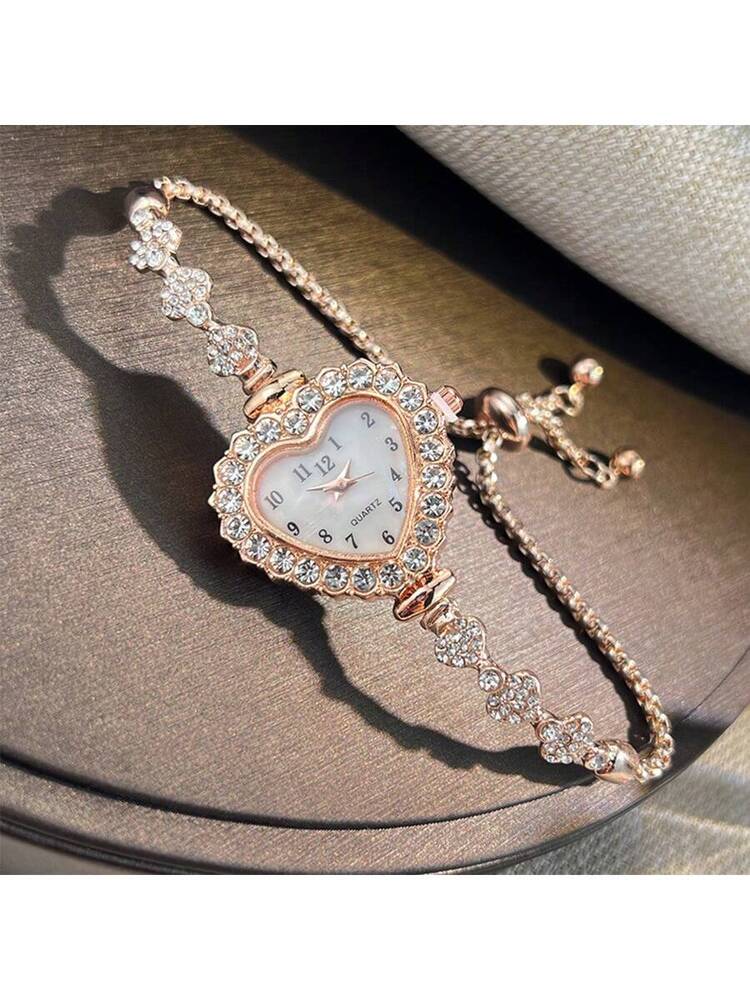 Women's Rhinestone Watch - Arabic Numerals & Heart Dial - Quartz Fashion Chain Bracelet - Elegant & Convenient Daily Wear Timepiece - Gift for Her -  Compatible