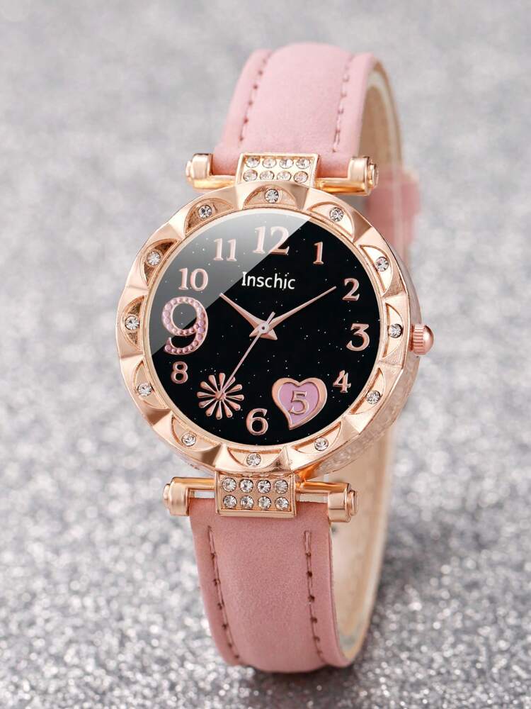 Women’s Rhinestone Heart Dial Watch Set – Elegant Pink Strap & Matching Heart Bracelet