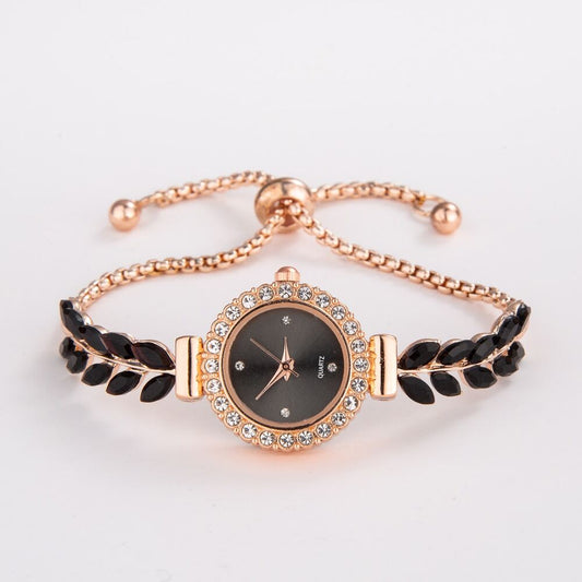 Women's Elegant Crystal Bracelet Watch – Round Dial, Leaf & Bead Strap Design