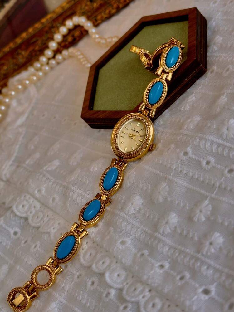 Ladies’ Vintage Turquoise Quartz Watch – Gold Oval Bracelet Design (30M Waterproof)