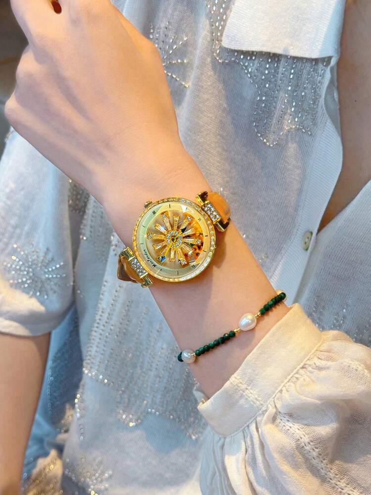 1pc Fashionable Women's Watch With Transparent Back, Rhinestone Inlaid, Rotating Galaxy Dial, Sunflower Design
