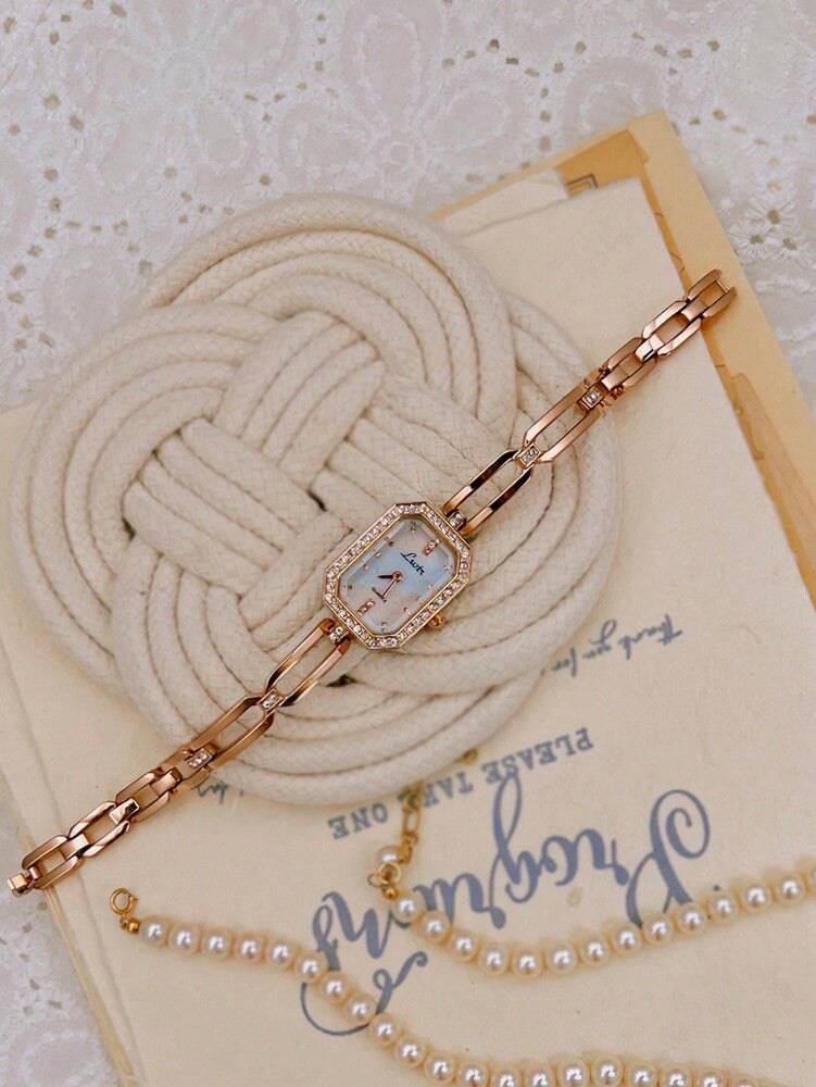 1pc Luxury Women Watch, Gold Tone, French Fashion Design Elegant, Petite, Rhinestone Embellished, Pearl Dial