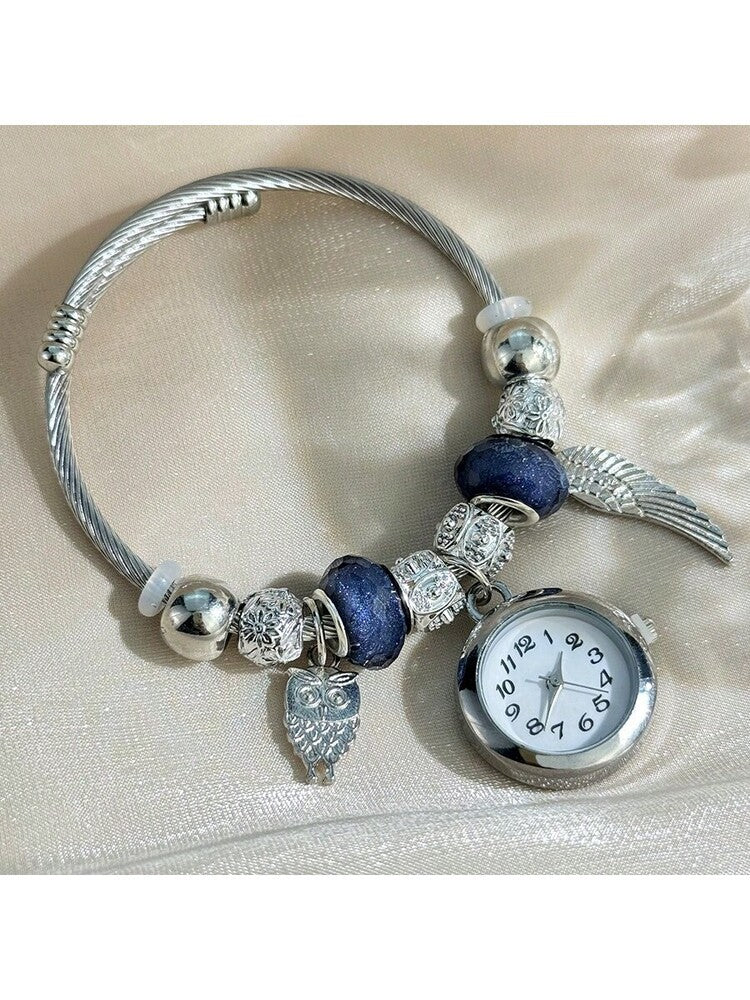 Women's Fashionable Stretch Bracelet Watch with Pink Heart, Floral, Rhinestone & Colorful Beads