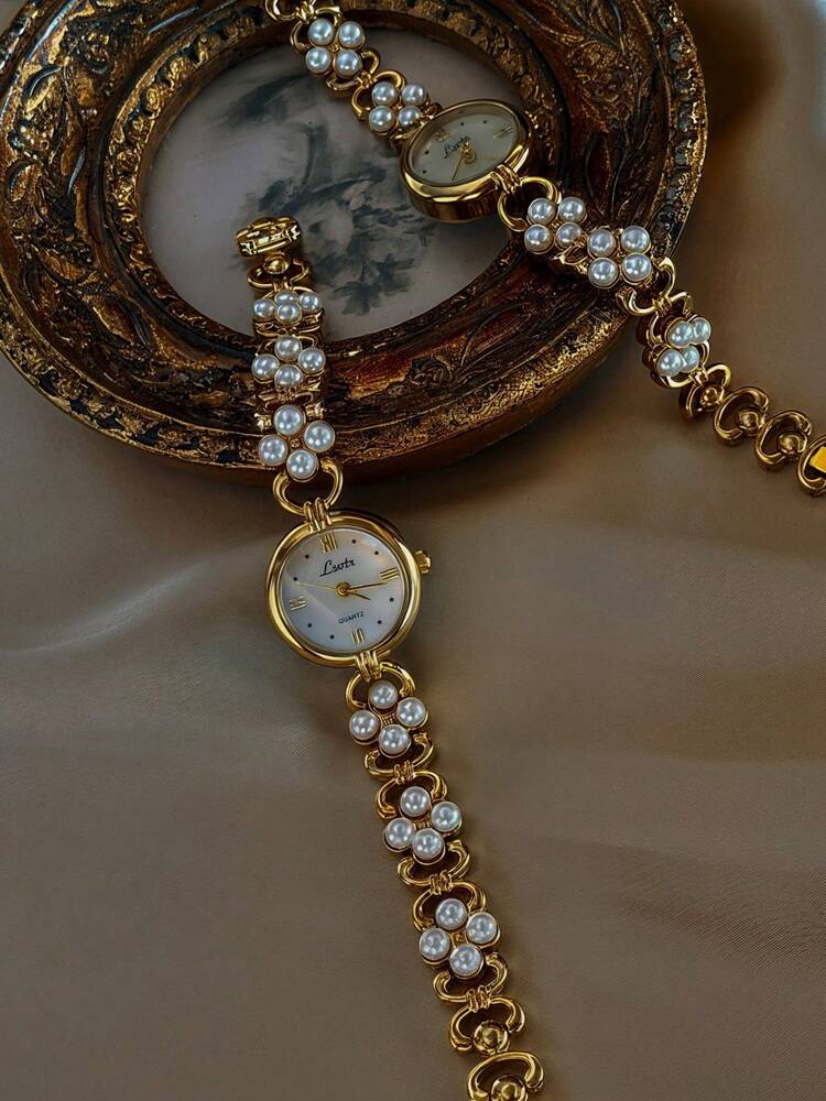 Women's Elegant Pearl Inlaid Luxury Quartz Watch – French Retro Style with Mother-of-Pearl Dial