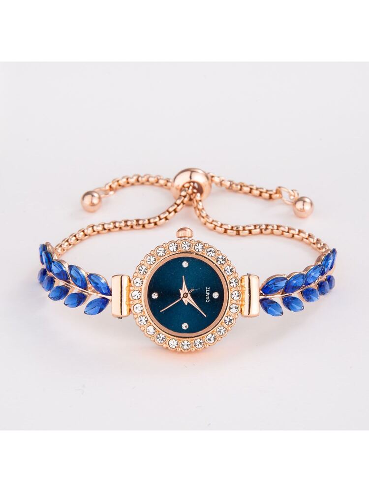 Women's Elegant Crystal Bracelet Watch – Round Dial, Leaf & Bead Strap Design