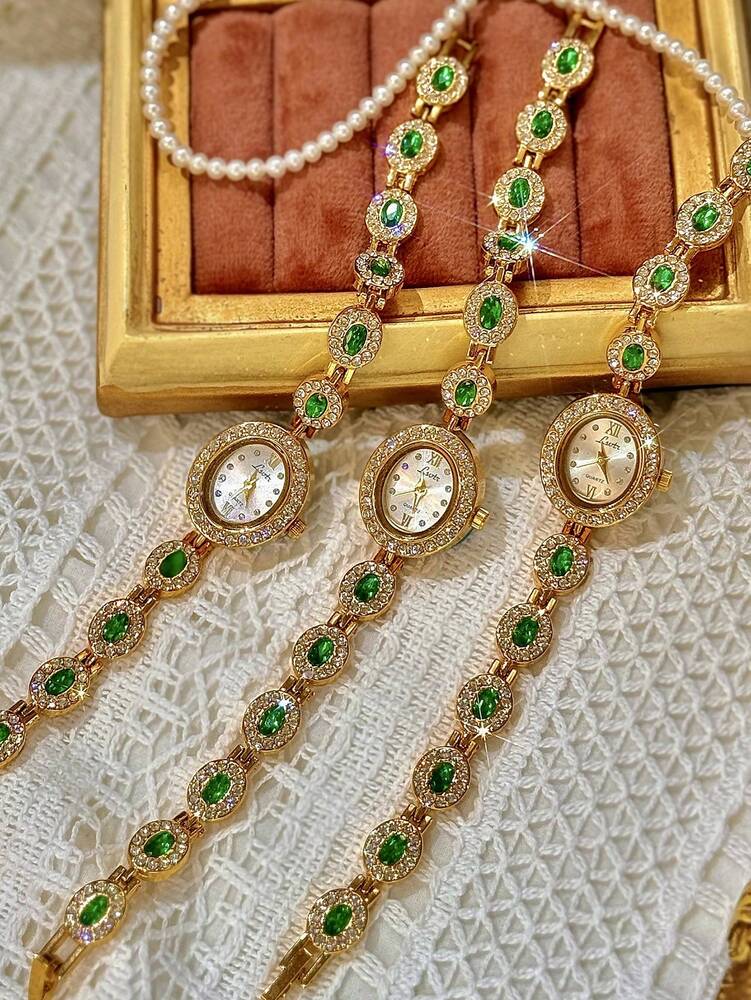 1pc New High-End Colorful Aquamarine Gemstone & Cubic Zirconia Inlaid Luxury Vintage Elegant Women’s Watch