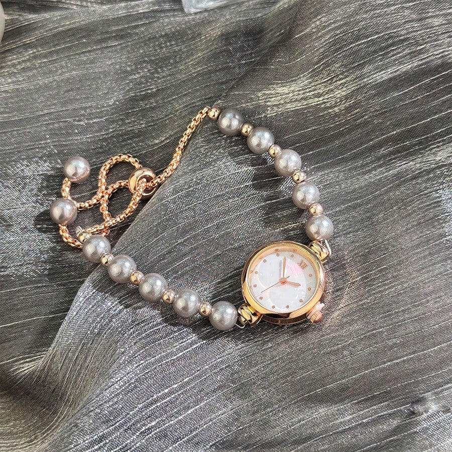 1pc Women Pearl Pull-Out Watch Chain, Exquisite Round Case, Fashion Metal Bracelet Watch, Suitable for Students
