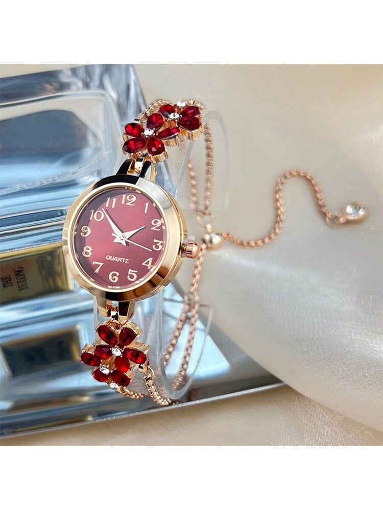 Women's Elegant Quartz Watch – Floral Crystal Bracelet with Green Dial & Gold Accents