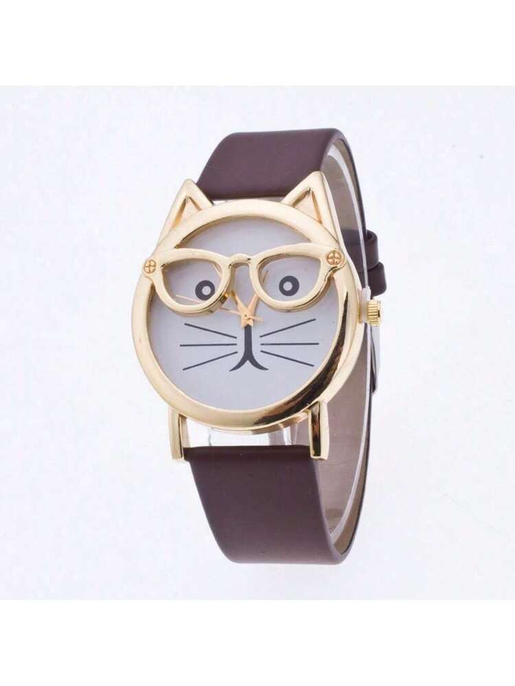 Cat Dial Gift Fashion With Glasses Strap Quartz Men's And Women's Watches (Large Dial)