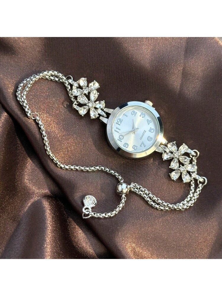 Women's Elegant Quartz Watch – Floral Crystal Bracelet with Green Dial & Gold Accents