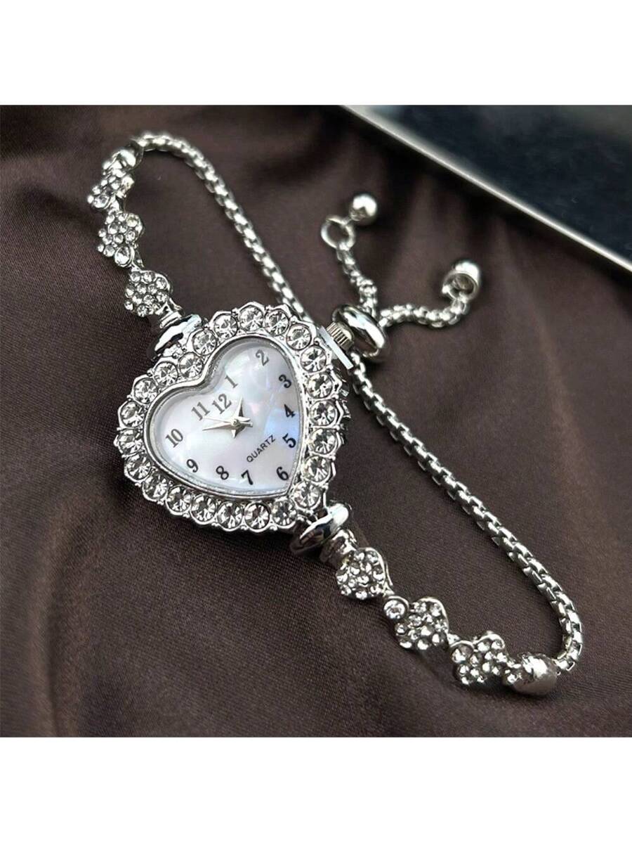Women's Rhinestone Watch - Arabic Numerals & Heart Dial - Quartz Fashion Chain Bracelet - Elegant & Convenient Daily Wear Timepiece - Gift for Her -  Compatible