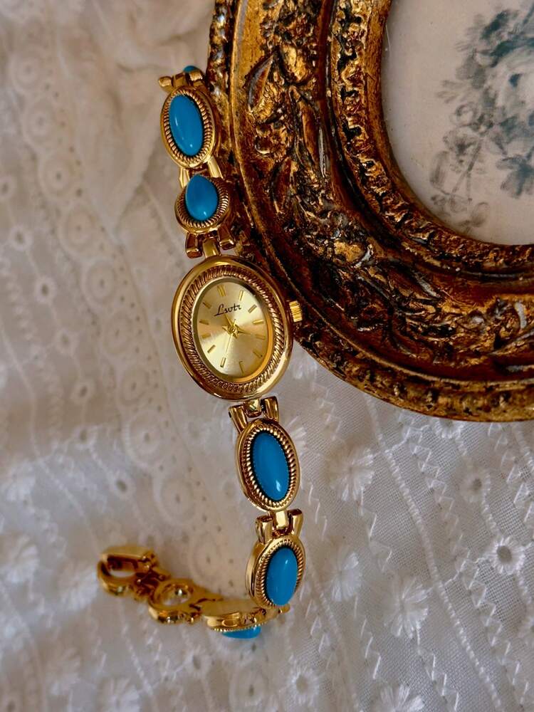 Ladies’ Vintage Turquoise Quartz Watch – Gold Oval Bracelet Design (30M Waterproof)