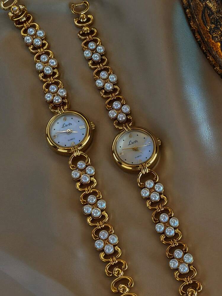 Women's Elegant Pearl Inlaid Luxury Quartz Watch – French Retro Style with Mother-of-Pearl Dial