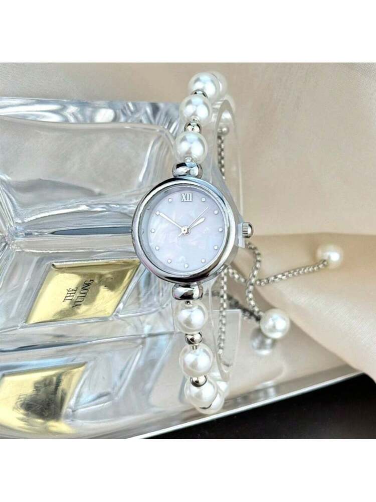1pc Women Pearl Pull-Out Watch Chain, Exquisite Round Case, Fashion Metal Bracelet Watch, Suitable for Students