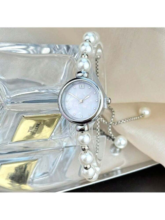 1pc Women Pearl Pull-Out Watch Chain, Exquisite Round Case, Fashion Metal Bracelet Watch, Suitable for Students