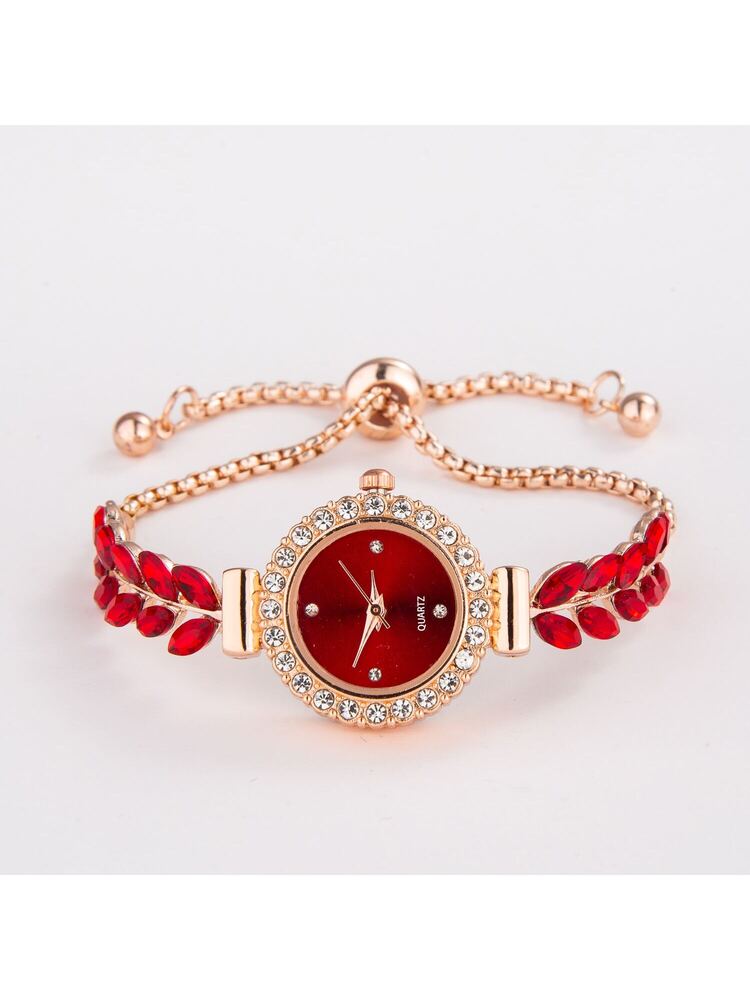 Women's Elegant Crystal Bracelet Watch – Round Dial, Leaf & Bead Strap Design