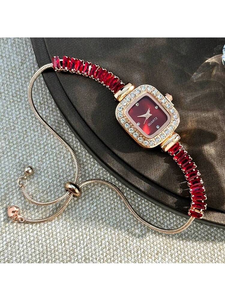 1pc Women's Black Cubic Zirconia Embellished Adjustable Bracelet Watch