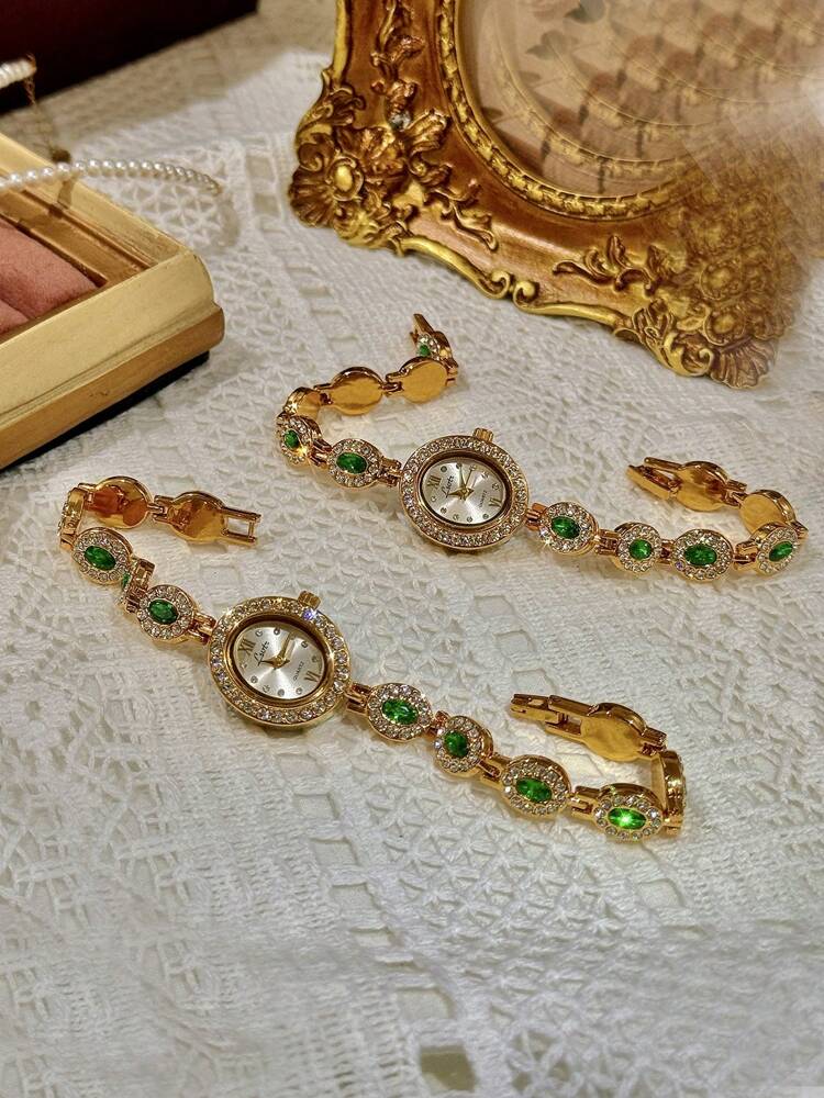 1pc New High-End Colorful Aquamarine Gemstone & Cubic Zirconia Inlaid Luxury Vintage Elegant Women’s Watch