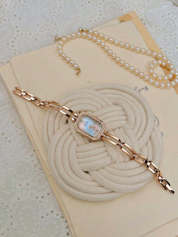 1pc Luxury Women Watch, Gold Tone, French Fashion Design Elegant, Petite, Rhinestone Embellished, Pearl Dial