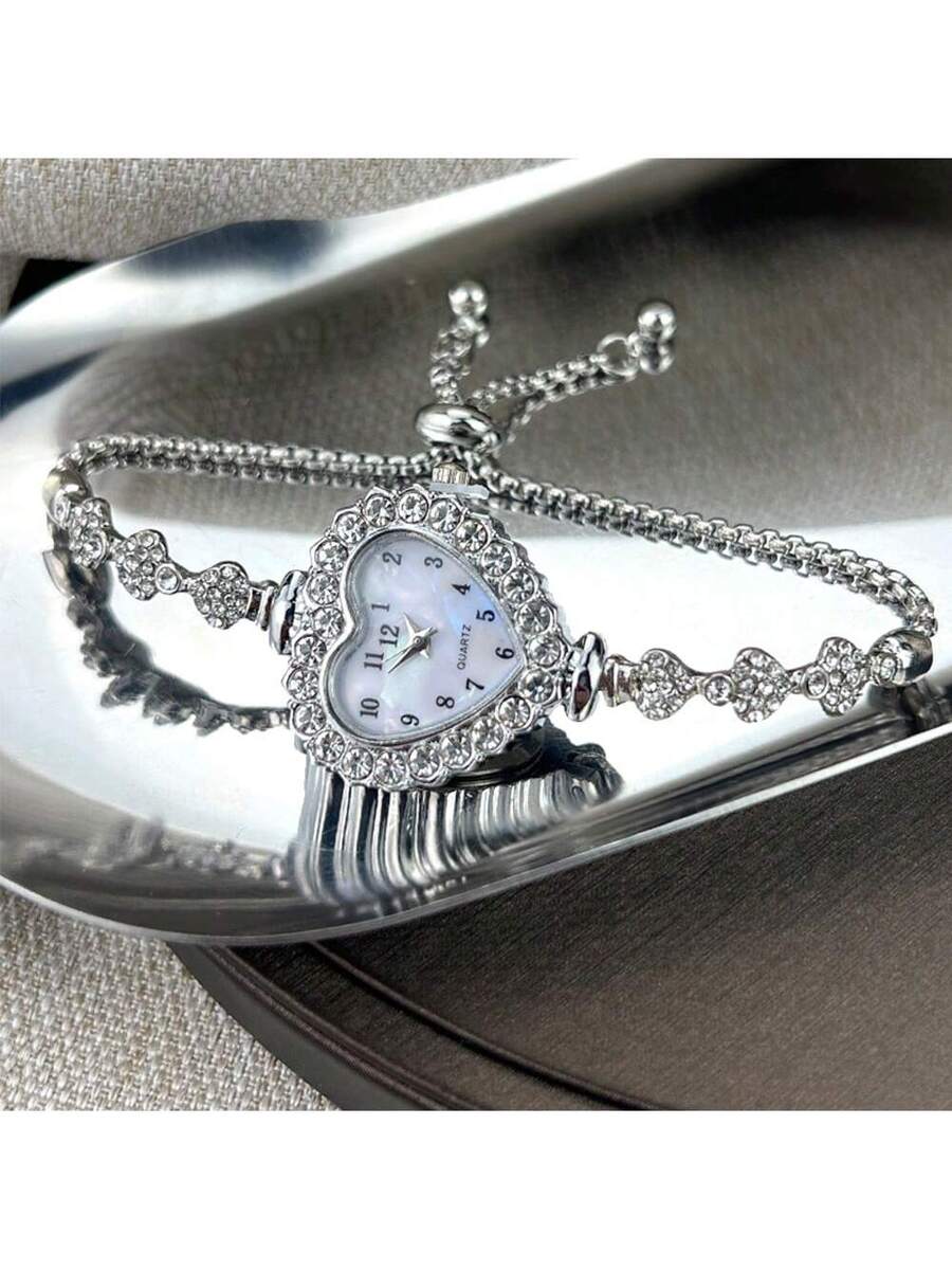 Women's Rhinestone Watch - Arabic Numerals & Heart Dial - Quartz Fashion Chain Bracelet - Elegant & Convenient Daily Wear Timepiece - Gift for Her -  Compatible
