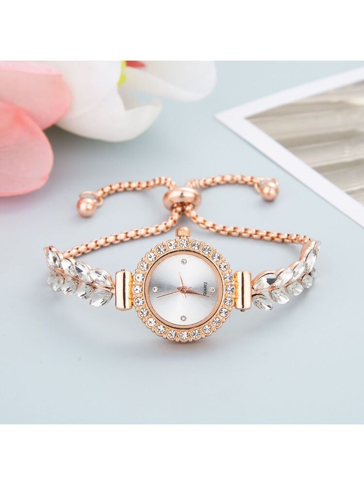 Women's Elegant Crystal Bracelet Watch – Round Dial, Leaf & Bead Strap Design