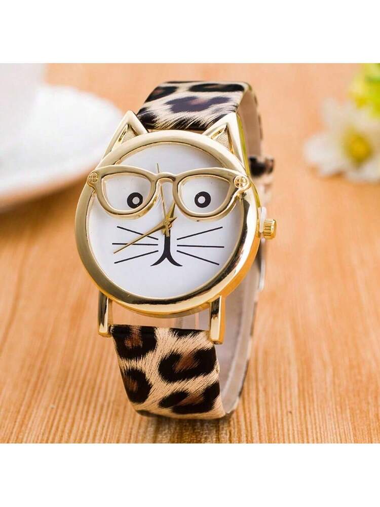 Cat Dial Gift Fashion With Glasses Strap Quartz Men's And Women's Watches (Large Dial)